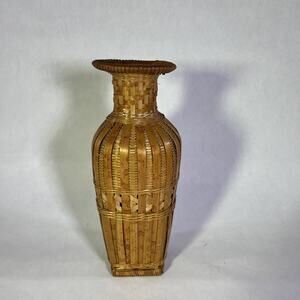 Vintage Woven Wicker Rattan Bamboo Vase – Boho Home Décor – 9" Tall